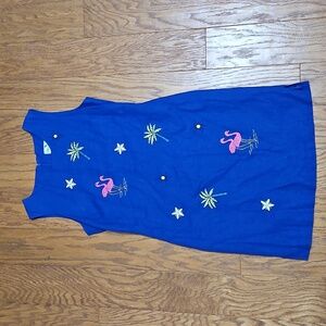Vintage Ultra Dress Linen  Flamingo embroidered sheath dress blue size 10